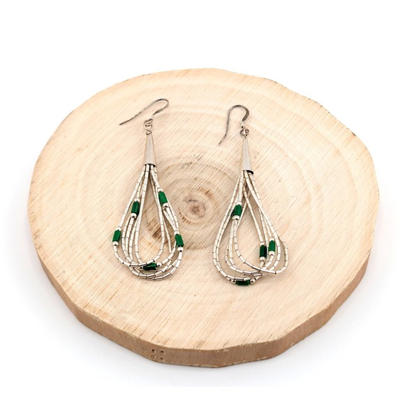 Navajo Silver & Green Multi Strand Dangle Earrings | Southwestern Jewelry ** - Picture 8 of 9